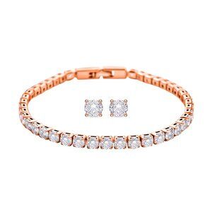 💎 NEW Simulated 7” Diamond Tennis Bracelet and Stud Earrings in Rosetone